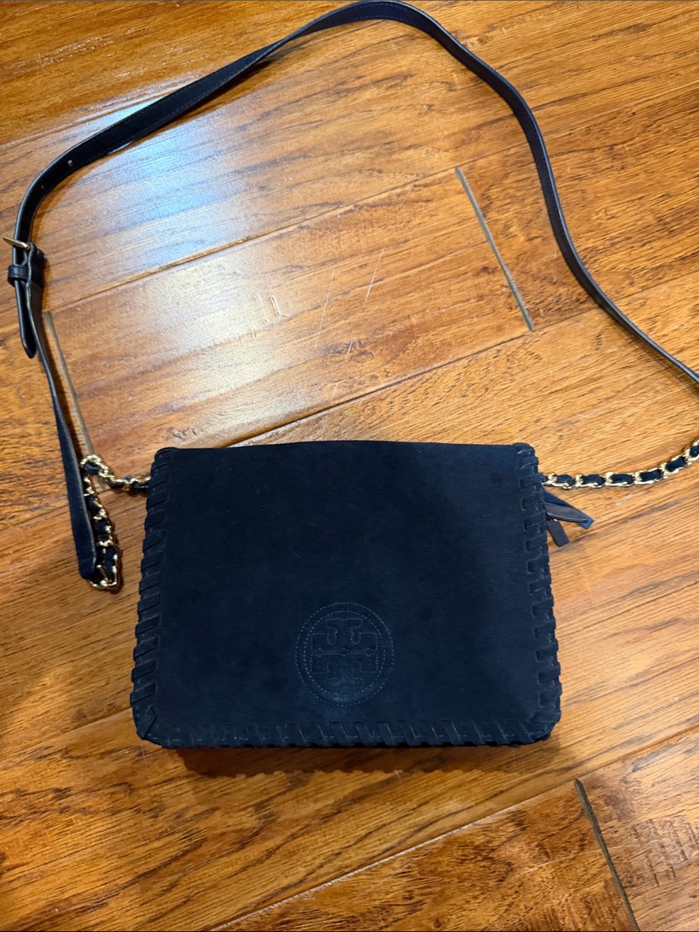 Tory Burch Navy Suede Crossbody Bag with removable Chain-Trim Strap